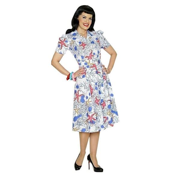 Bernie Dexter Dresses & Skirts - Nautical Ocean Sand Star Fish Front Zipper Zip Dress Womens Size 2 S Rockabilly